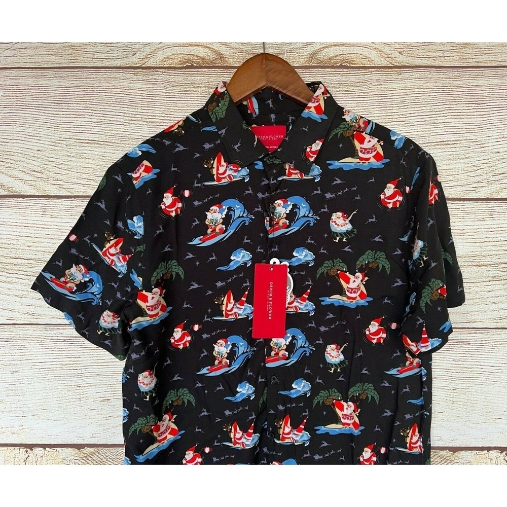 Christmas Shirt Denim & Flower Ricky Singh Mens Medium Santa Slim Rayon New - Picture 2 of 3